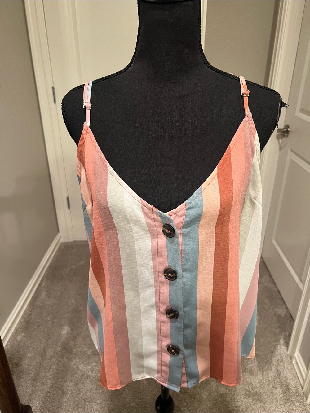 Striped V-Neck Button-Front Cami in Multi Pink and Rust Size Medium
